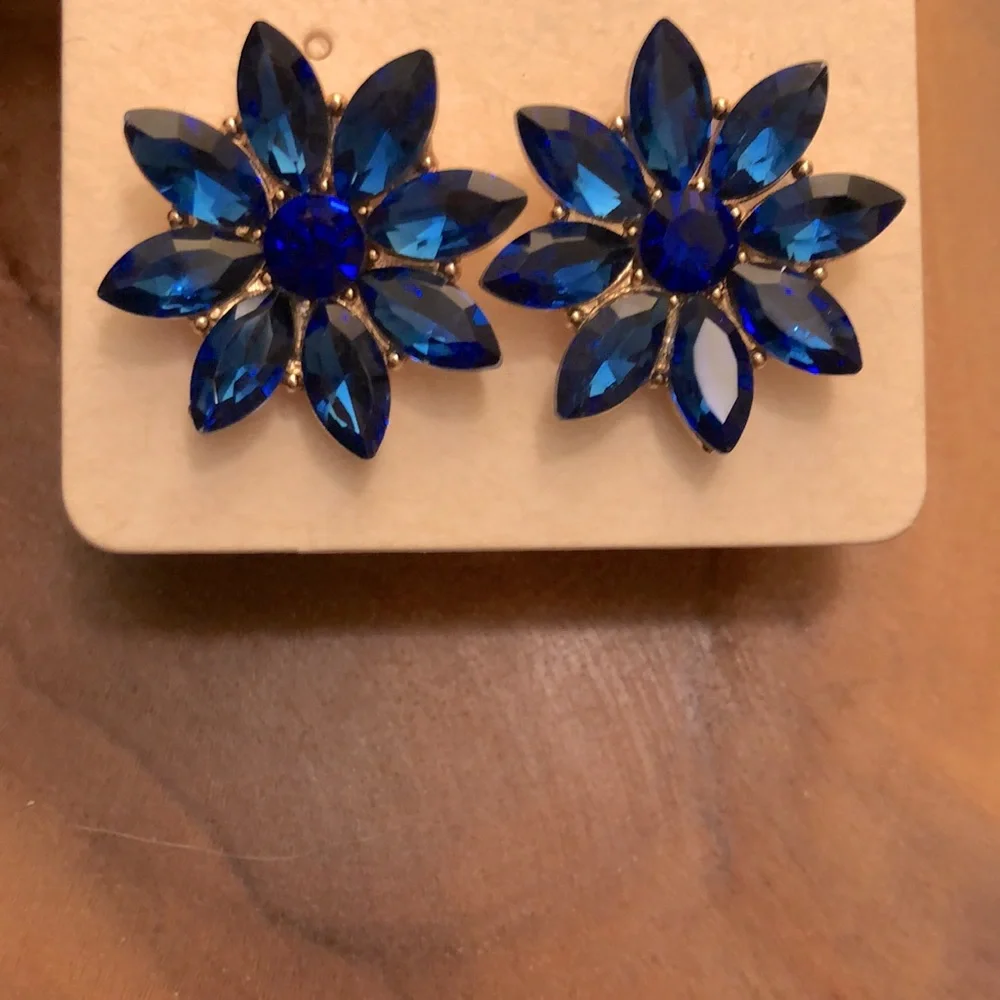 Sapphire Blue + Gold Crystal Flower Statement Earrings